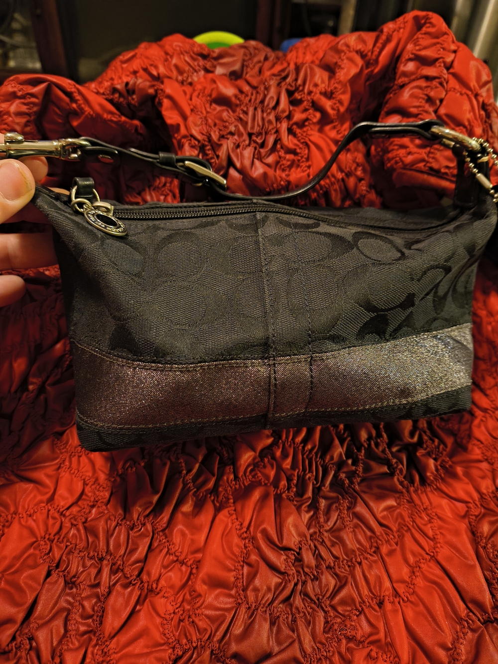 Coach Black Signature Canvas Wristlet with Shimmer Band